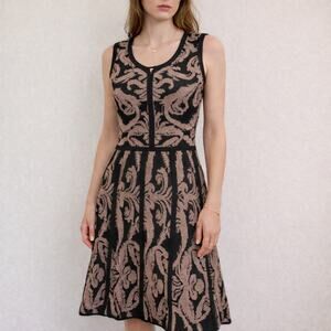 Carmen Marc Valvo Jacquard Fit & Flare Dress Size L Mocha Black Knit